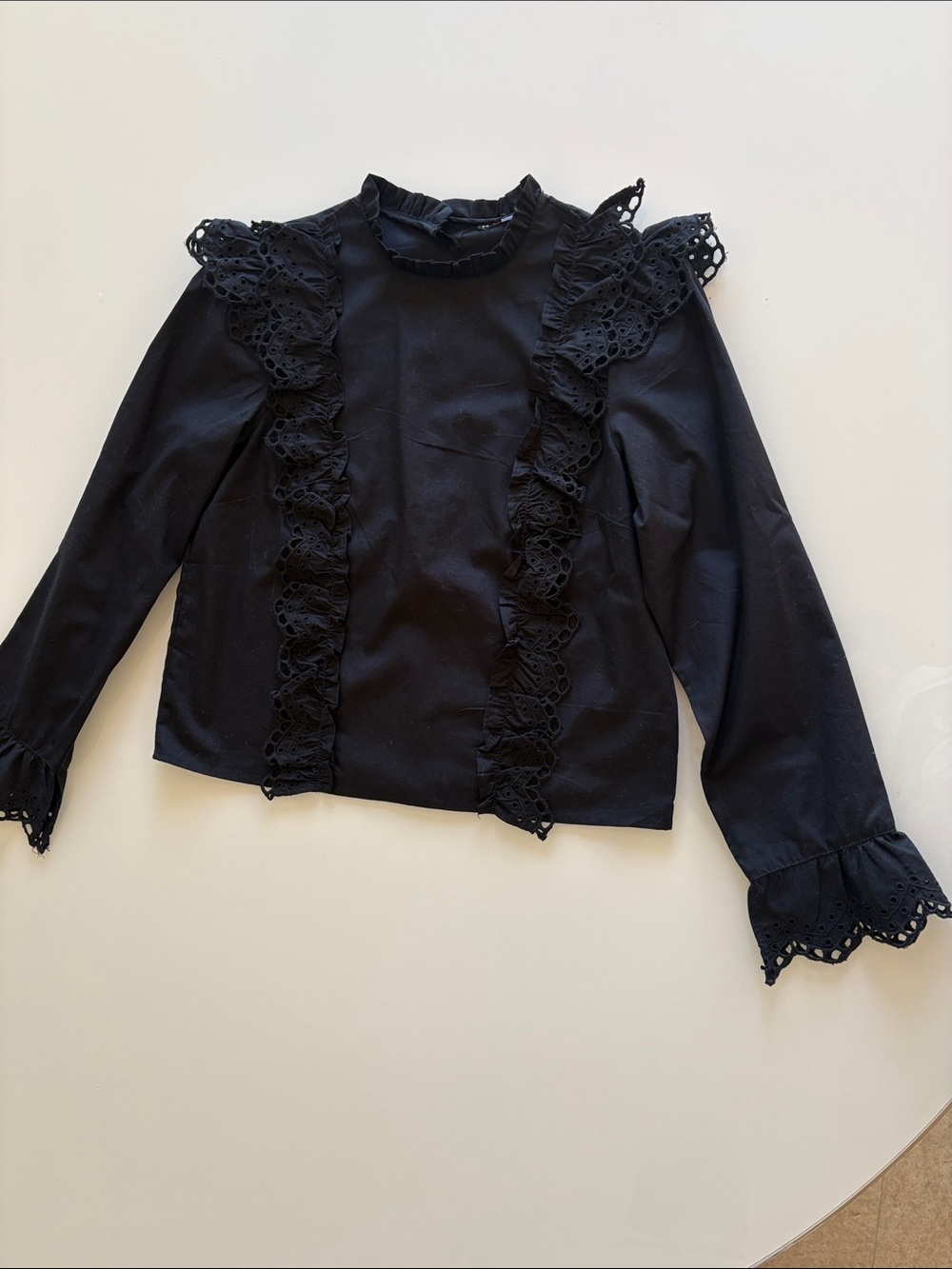 H&M Black Lace-Trim Ruffle Long Sleeve Blouse